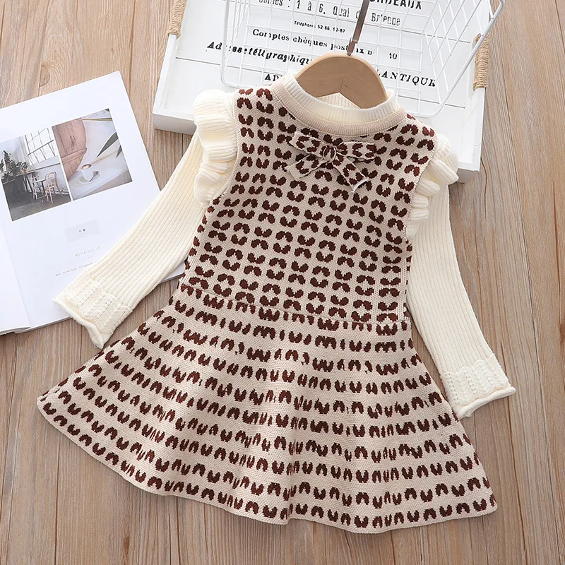 

Зимнее детское платье для девочки, Однотонный свитер с длинным рукавом и юбка, Рождественский детский карнавальный костюм