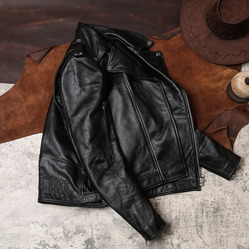 

Men 2020 Black American Style Biker's Leather Jacket Plus Size XXXL Genuine Cowhide Autumn Slim Fit Motorcycle Leather Coat