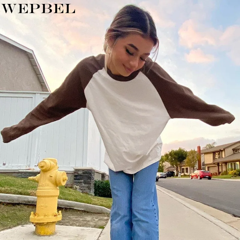 

WEPBEL Women's Elegant Patchwork Shirt Top Ladies Casual Fashion Long Sleeve O Neck Loose T-shirt Streetwear