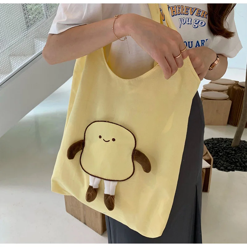 

Ladies Canvas Handbag Women Kawaii Bread Doll Shoulder Bag Female Eco-Friendly Grocery Bag Casual Shopping Totes for Girls