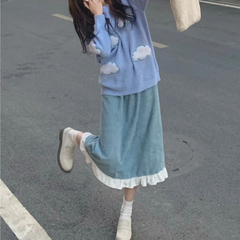 

Sweet Casual Velvet Skirt Women Ruffles Designer Split High Street Party Skirt Patchwork Korean Japanese Soft Princess Clothes