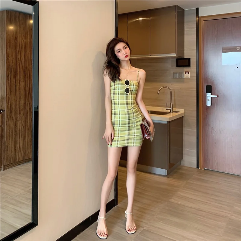 

Sexy Women's Clothing Summer Fashion Spaghetti Strap Off Shoulder Top Strapless Plaid Camisole Empire Backless Slim Dresses