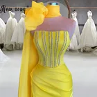 Очаровательный желтый кристалл платья для выпускного с корсетом с высоким воротом и длинными вечернее платье Разделение сбоку в африканском стиле официальное коктейльное платье