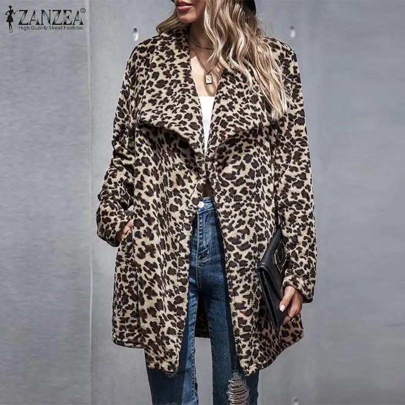 

Oversized ZANZEA Fashion Office Lady Women Fleece Coat Jackets 2022 Autumn Winter Long Sleeve Leopard Outwear Casual Loose Coats