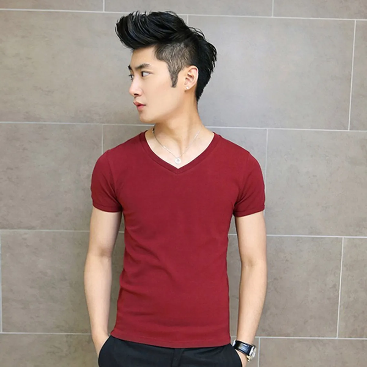 

2021 summer compression t-shirt men's pure V-neck polyester holiday normcore minimalist formal short men's clothing m-4xl
