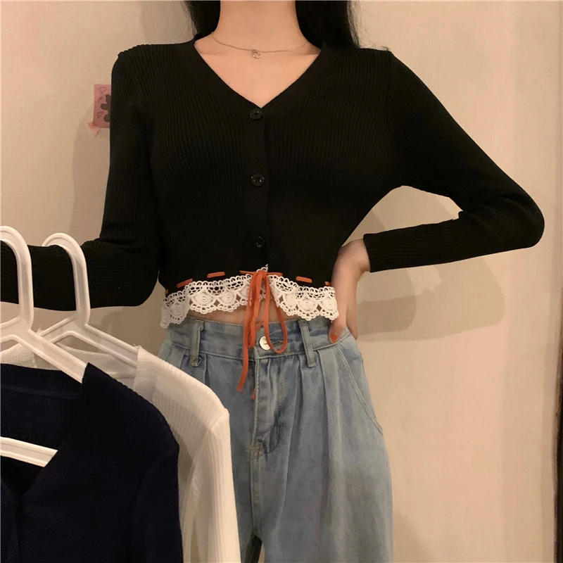 

Real price early autumn new short basic lace lace drawstring design V-neck knitted cardigan top