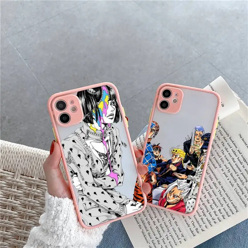 

Jojo Anime Bizarre Adventure Phone Case For iPhone 12 11 Mini Pro XR XS Max 7 8 Plus X Matte transparent Pink Back Cover