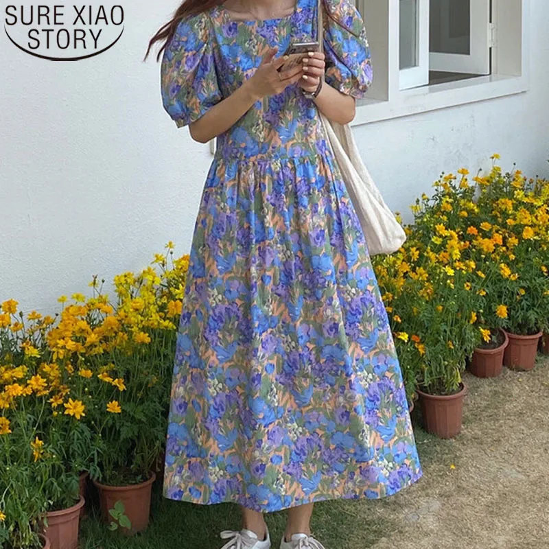 

Женское длинное платье с цветочным принтом, повседневное свободное платье средней длины с рукавами-фонариками, модель 2022 на лето, 14509