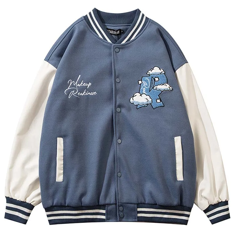 

Mens Harajuku PU Leather Sleeve Patchwork Baseball Jackets Vintage Bomber Jackets Oversize V-neck Furry Letter Tops Streetwear