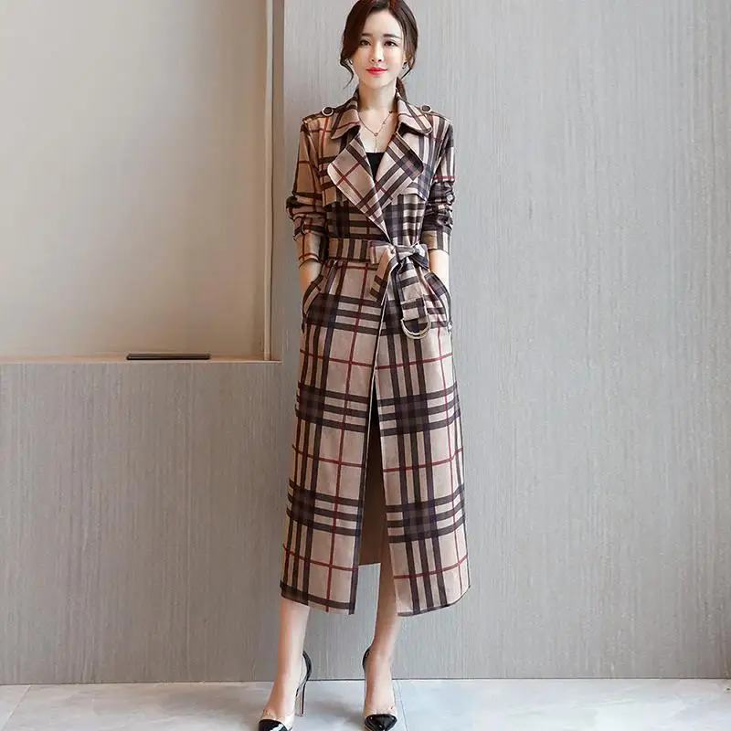 

Женский Повседневный тренчкот, кофейная винтажная ветровка в клетку с поясом, облегающая длинная верхняя одежда, женские пальто, осень 2021