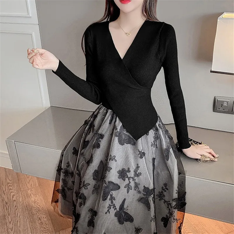 

CBAFU sexy v neck black knit mesh patchwork dress women long sleeve elastic bow embroidery party dresses spring vestidos M254