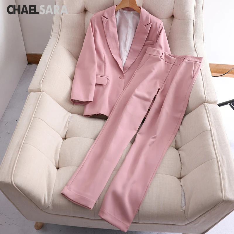 Женский офисный пиджак на одной пуговице + брюки молнии синий розовый комплект из