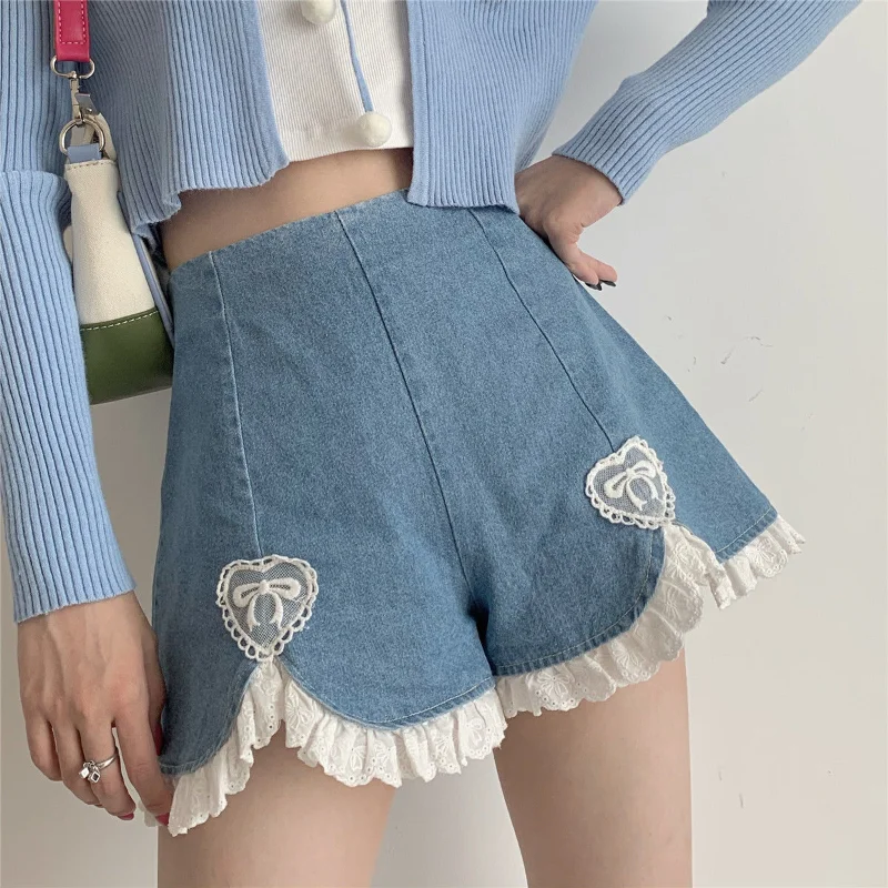 

Summer college Japanese soft girl cute lace shorts women Street Harajuku ultra short jeans All-match shorts for students 2021