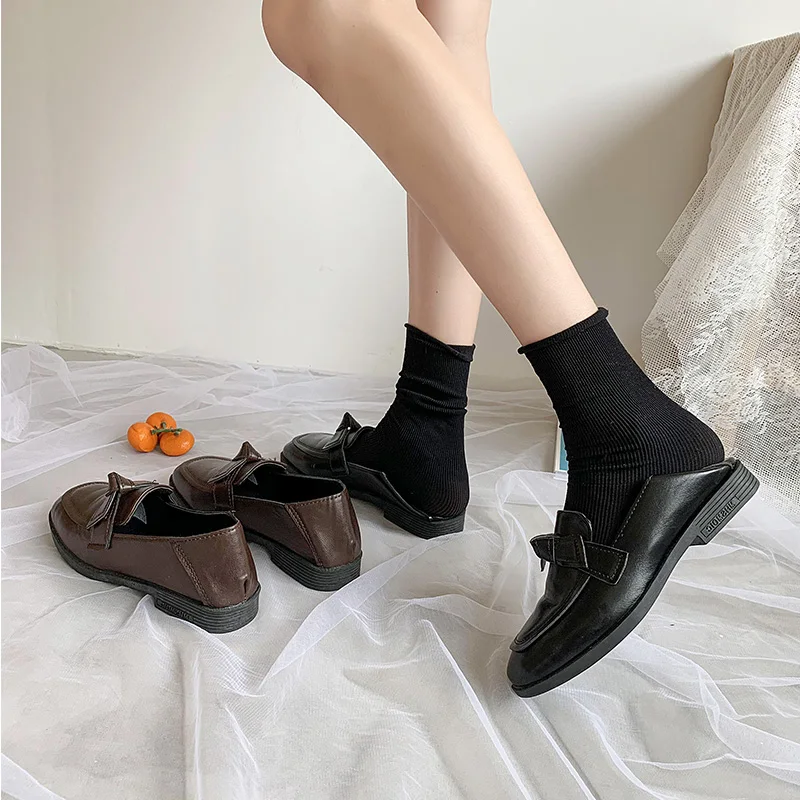 

Women Shoes Autumn Loafers With Fur Female Footwear Casual Sneaker Bow-Knot Oxfords Modis Shallow Mouth Slip-on Square Toe All-M