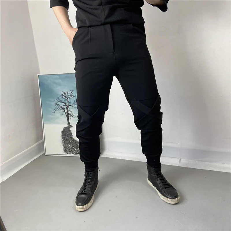 Men Slim Pencil Pants Spring And Autumn New Pure Color Knee X Design Youth Fashion Trend Versatile Casual Pants