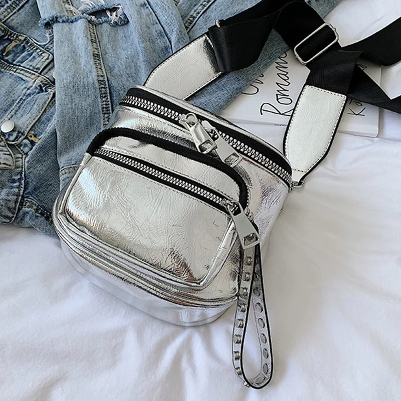 Сумка мессенджер на плечо модный однотонный саквояж серебристого цвета с