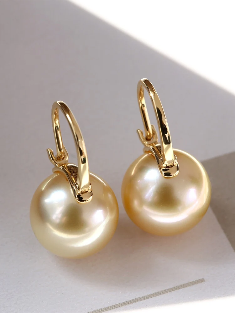 18K Solid Yellow Gold Jewelry(AU750) Women Strong luster Earrings Ear ring hook Natural seawater South Sea pearl Fashion Lady