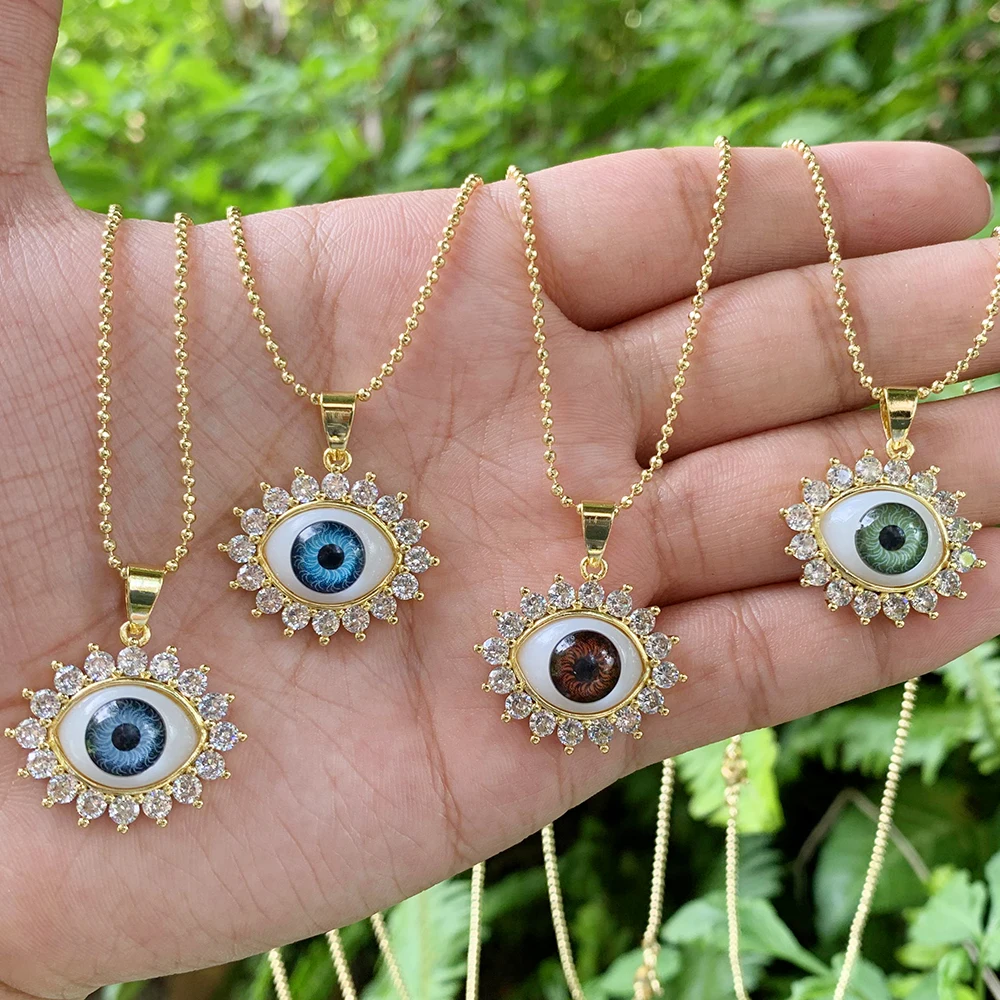 

10Pcs Wholesale New Trendy Dainty Gold Plated Eyes Necklace Blue Eyes Cz Crystal Pave Pendant Necklace For Women
