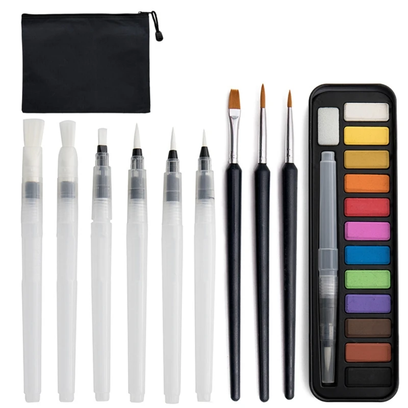 

Professional 12 Colors Solid Watercolor Paints Set with Flat/Fine Paint Brushes 3-gird Palette Lid Ideal for student