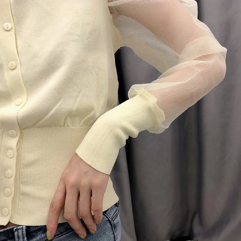 Personality Women Tops Autumn 2019 New Fashion Sweater Body Patchwork Transparent Puff Sleeve Modern Lady Cardigan Wears |