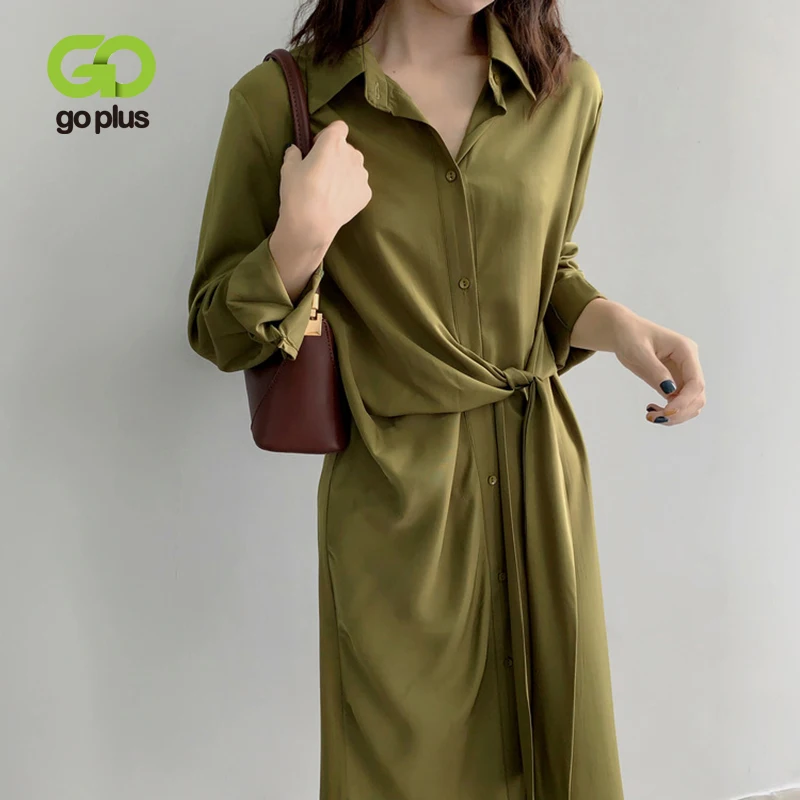 Женское винтажное облегающее платье GOPLUS длинное зеленое и синее платье-рубашка