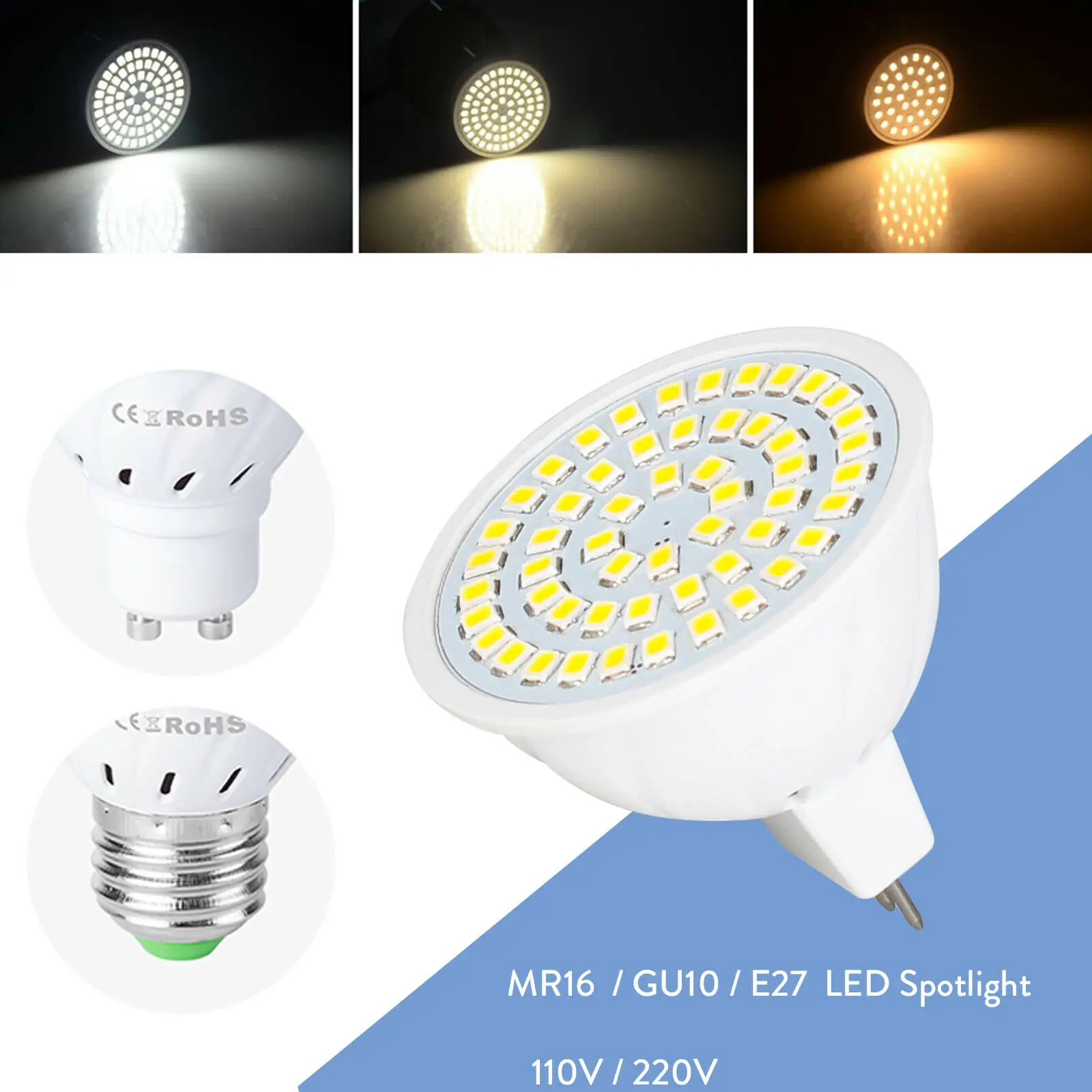 GU10 MR16 E27 Светодиодный точечный светильник лампы винт база 2835 SMD DC 12V 24V AC 110V 220V яркий