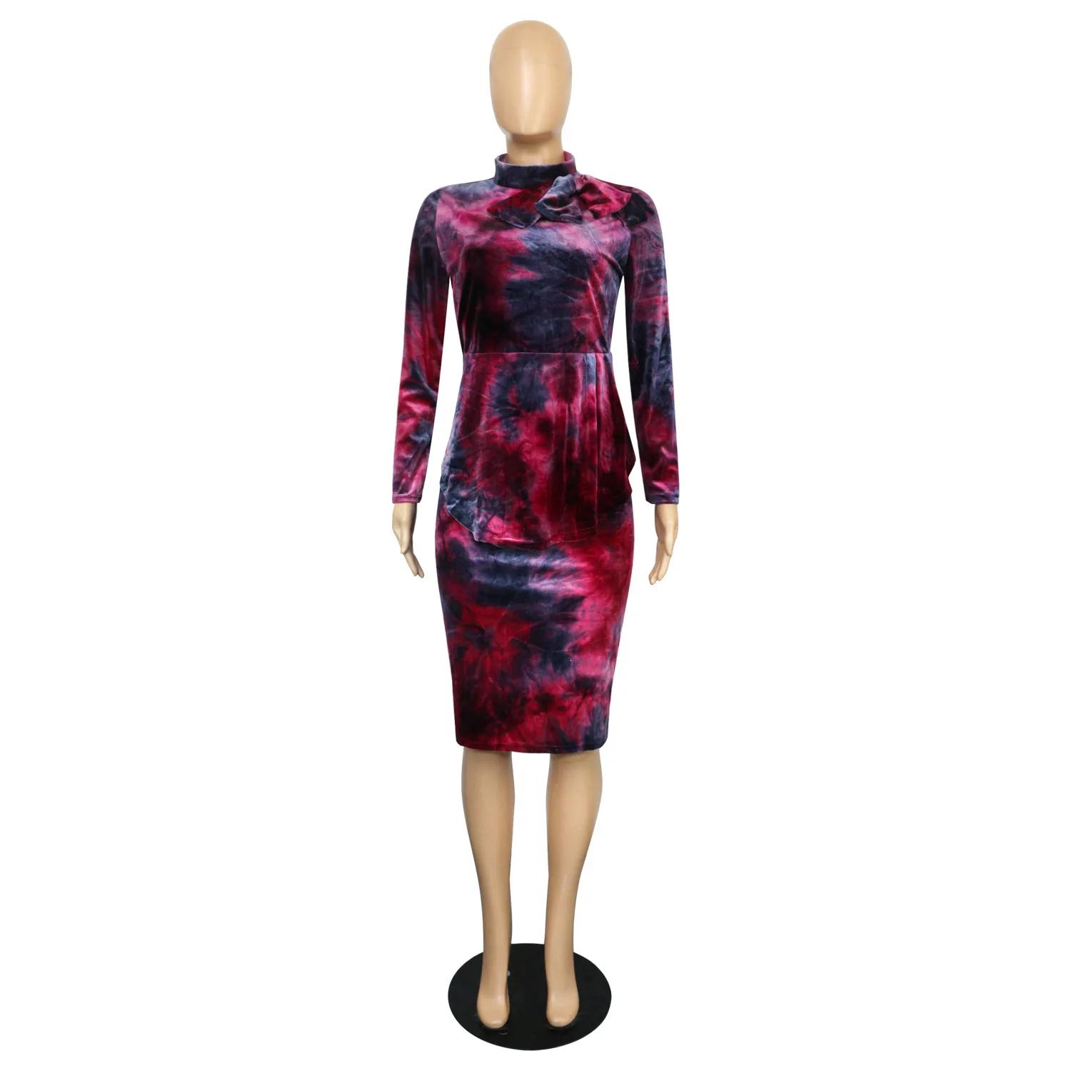 

Colorful Tie Dye Print Office Lady Pencil Dress Women Bow Collar Long Sleeve Plus Size Dress Autumn Retro Ruffles Bandage Dress