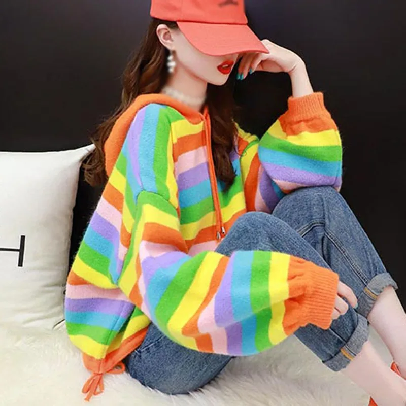 

Women's Fashion Harajuku Rainbow Striped Sweatershirt Hoodies Spring Autumn Long Sleeve Loose Knitted Hooded Pullover