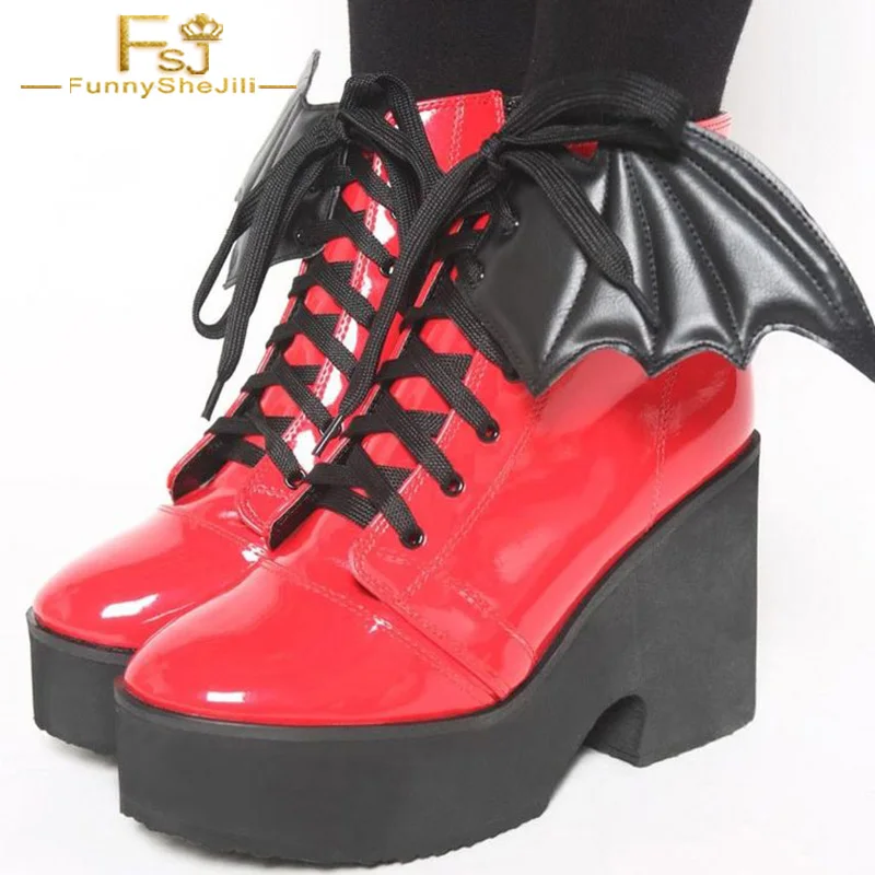 

Bat Platform Wedges Ankle Boots Patent Red Black Martin Botas Mujer Lace Up Large Big Size 44 45 Autumn Winter Women Shoes FSJ