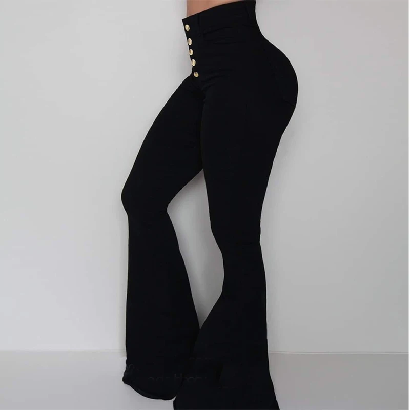 

2021 Fashion Flare Leg Pants For Women High Waist Buttoned Bell-Bottom Pants Streetwear Long Wide Leg Trousers