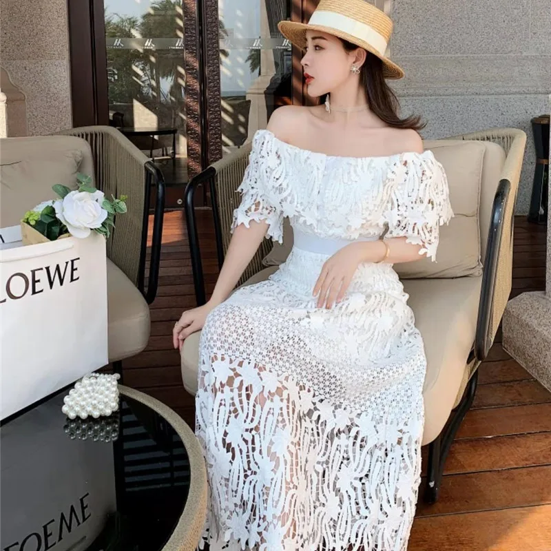 

CBAFU high quality embroidery hollow out lace dress women summer dresses off the shoulder sexy high waist long party dress M503
