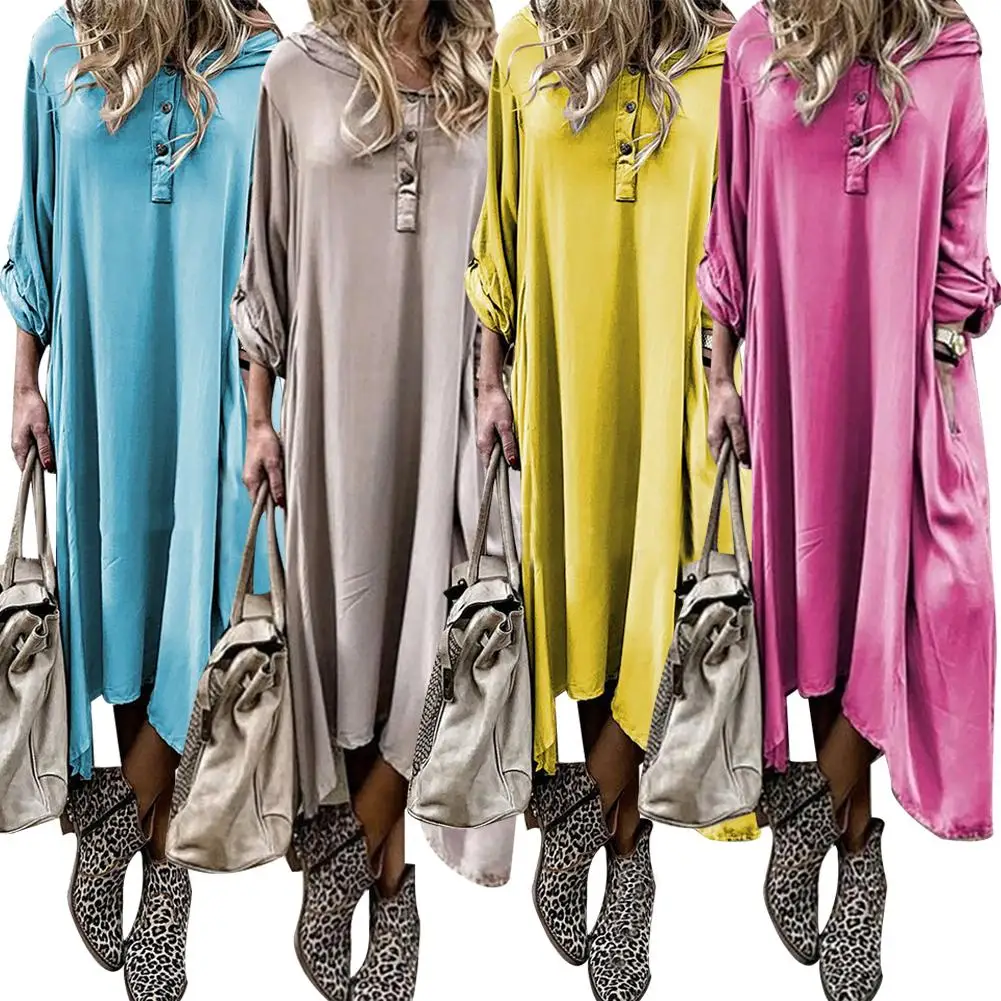 

Casual Women Solid Color 3/4 Sleeve Loose Kaftan Hooded Asymmetric Maxi Dress