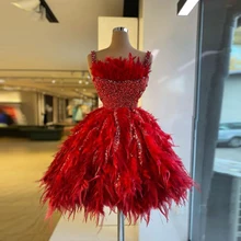 Vestido de fiesta corto de lujo para mujer, vestido rojo sin mangas de plumas con cuentas de lentejuelas, brillante, Vestidos de Noche de cóctel, hecho a medida (2)