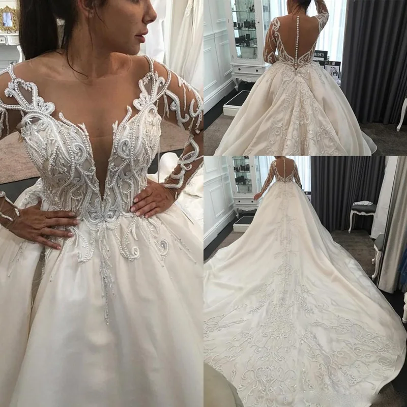 

Custom Made Beaded Ball Gowns Illusion Full Sleeves Wedding Dresses Lace Appliques Long Dress Bridal Gown Party robe de mariee