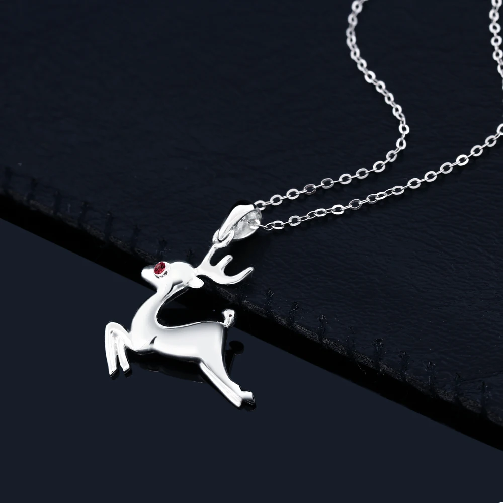 GemStoneKing Girl's 925 Sterling Silver Reindeer Pendant Round Red Created Ruby Necklace Animal Jewelry Christmas Gift|silver clubwear|pendant