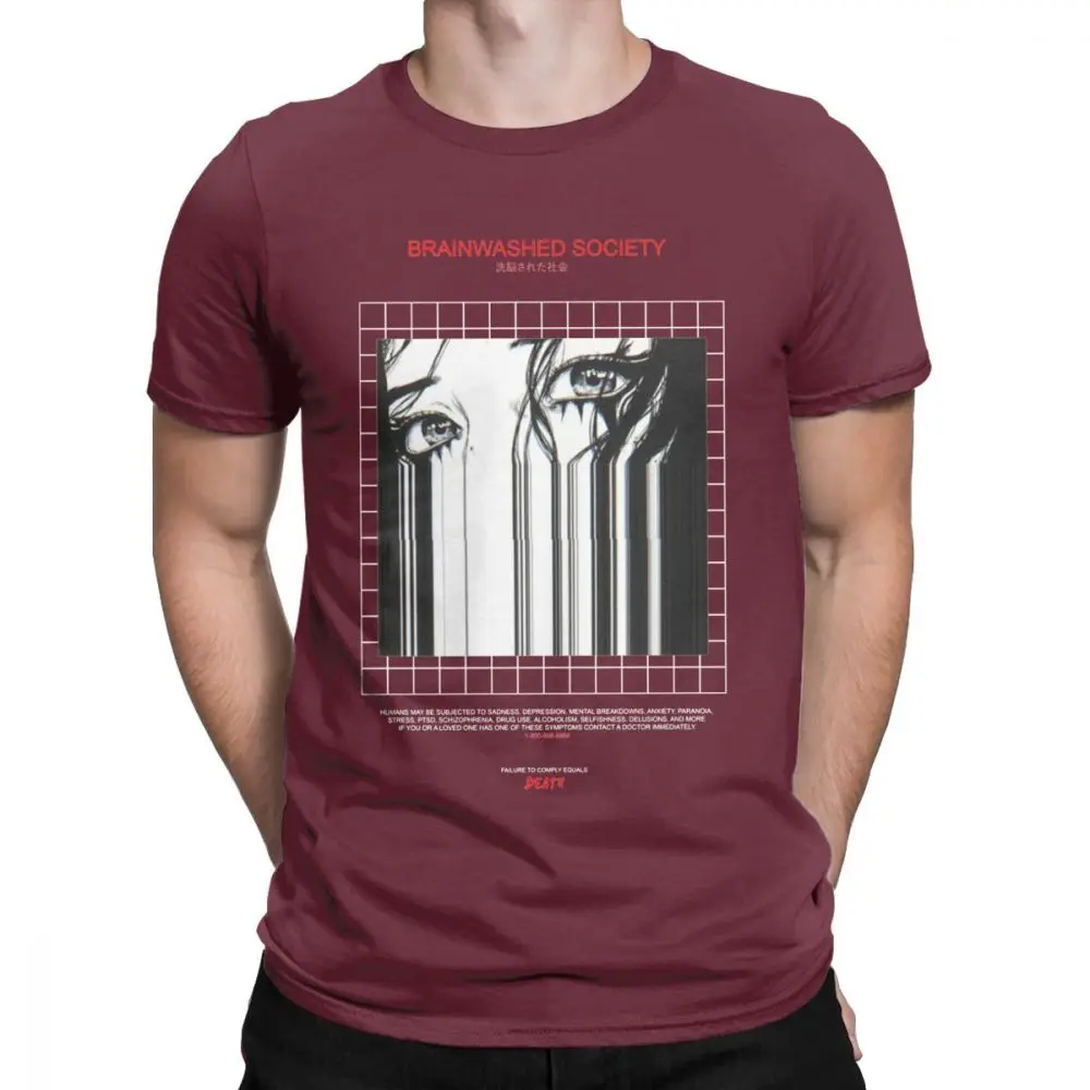 Brainwash society Harajuku футболка Мужская Аниме Vaporwave Япония гранж Sad хлопковая футболка футболки с коротким рукавом размера плюс Топы - Цвет: Бургундия