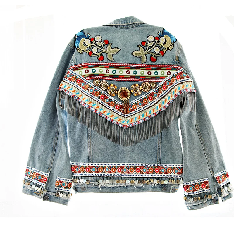 

Women Spring New Novelty personlity Luxury Embroidery Beading Tassel Flare Sleeve Loose Short Denim Jacket