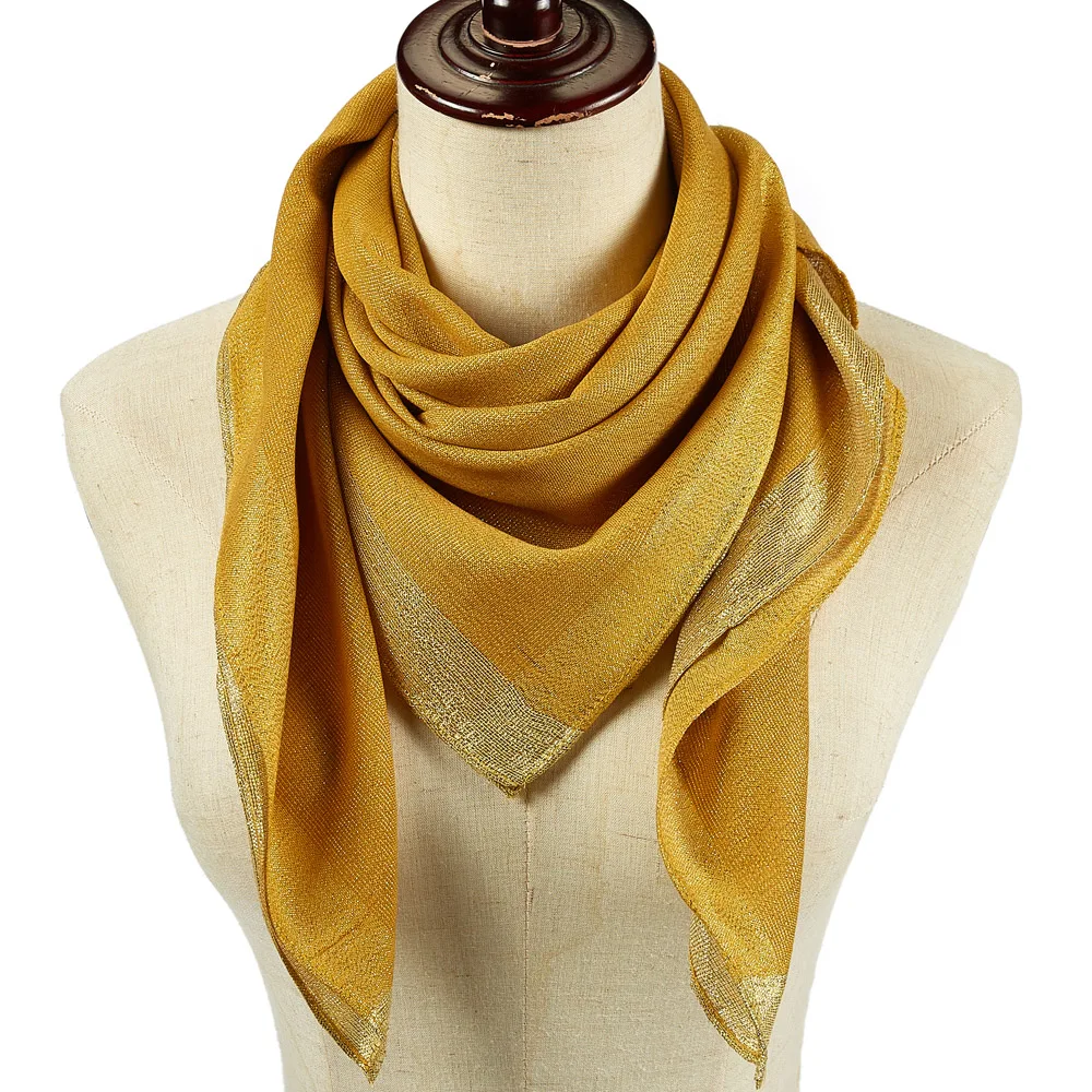 

Square Scarf Plain Shawl Shine Gold Lurex Border Headscarf Hijab Cover Soft Fashion For Women Light Weight 90X90cm