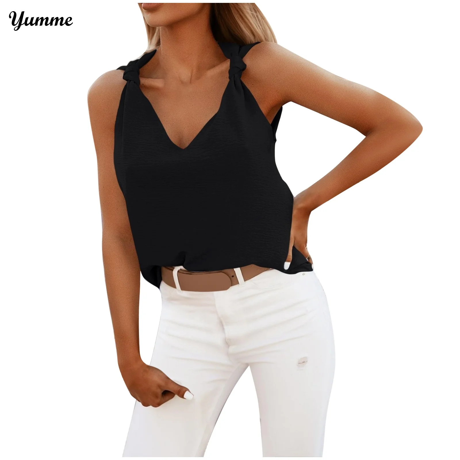 

Solid Basic Tank Top Women Sleeveless Knot Tie Up Tops Tanks Camisole Summer Harajuku Casual Ladies Vest Women's Clothes #LR4