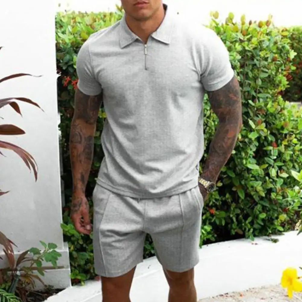 Men's Cotton Zipper Polo Short Sleeve Shirt Shorts 2-piece Set 2021 Summer Men's Lapel Solid Color Suit Fabric Sports Slim- Fit