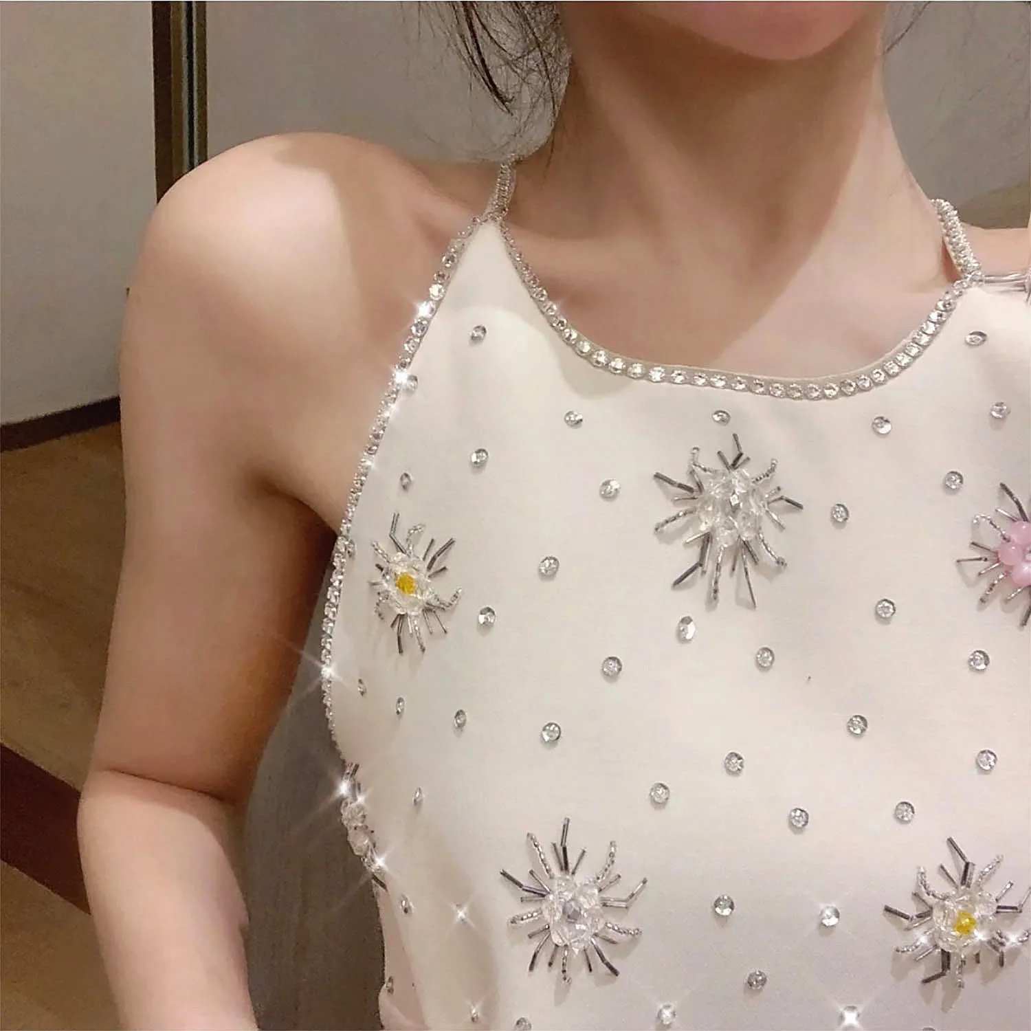 

2021 Summer New Women's Palace Style Rhinestone Flower Beaded Backless Slip Dress Ladies Fairy Shiny Sequined High Street Dress