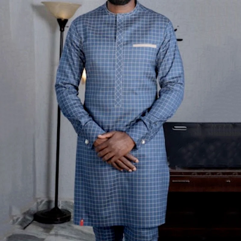 

Мужская мусульманская футболка, Исламская клетчатая полосатая Повседневная рубашка средней длины, Дашики, модная мужская одежда 2022, Африка...