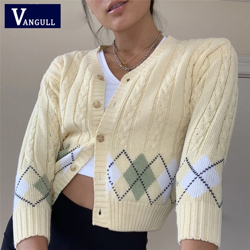 Vangull желтый Укороченный кардиган Y2K с рисунком ромбиками Женский весенне-осенний