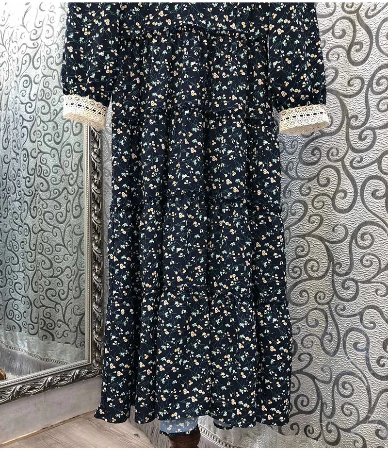 

2020 Autumn New Cotton Dress High Quality Designer Women Little Floral Print Hollow Out Embroidery Lace Patchwork Mid-Calf Dress