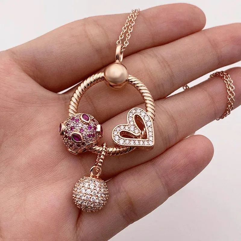 

2020 New 100% 925 Sterling Silver Charm Hand-painted Rose Gold Heart Red Lip Ball PendantPan necklace For Girlfriend