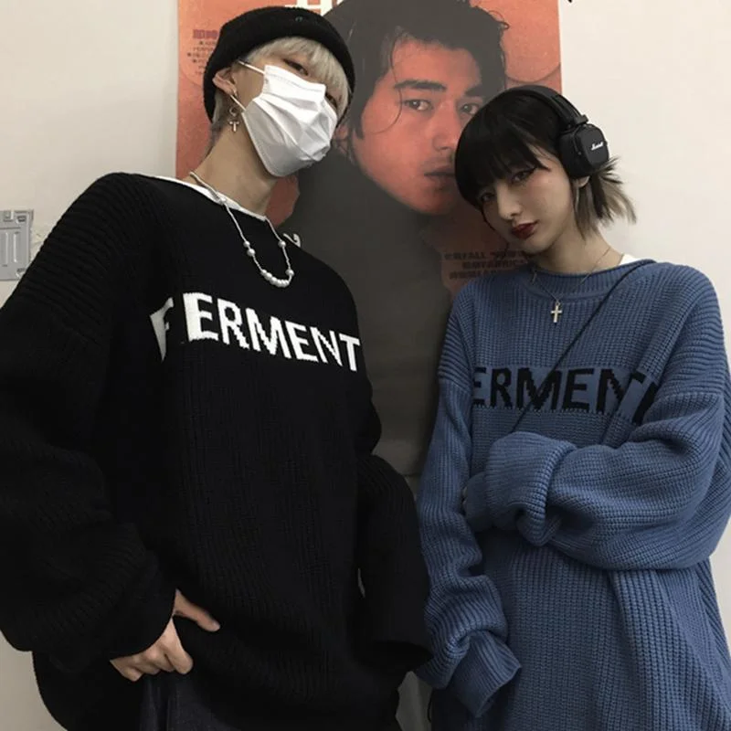 

Autumn winter sweater new Korean streetwear male preppy retro letter jacquard O-neck couple wear pullover sweater for men women