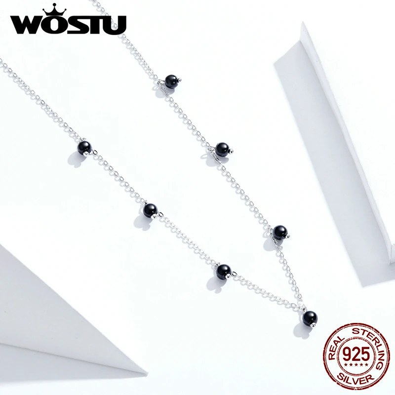 Женское ожерелье из серебра 925 пробы длинная цепочка с черным кристаллом