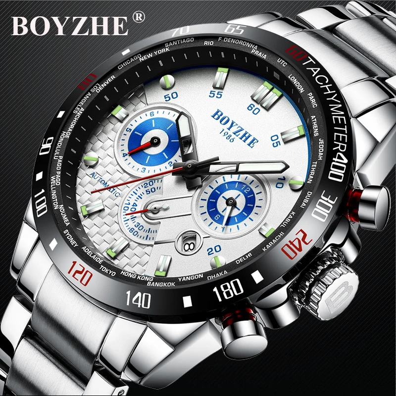 

BOYZHE Chronograph Mechanical Wristwatches Tourbillon Sport Automatic Watch Skeleton Men Full Steel Business relogio masculino