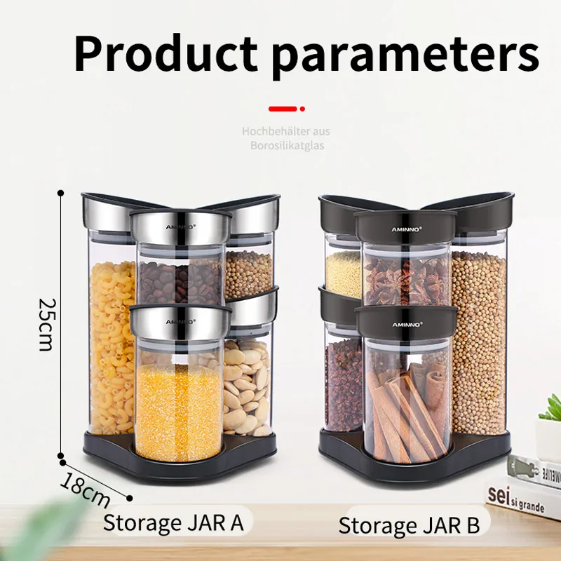 

AMINNO Kitchen Food Storage Organizer Containers Stack 5 Glass Bottles Sealed Lid Rotatable Rack, 380mlx2 570mlx2 850mlx1