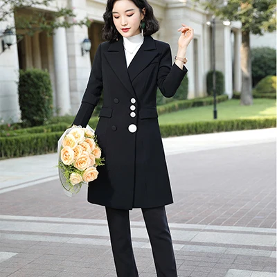 Black Pant Suit Высококачественный Элегантный женский брючный костюм, Длинный блейзер и брюки, 2 предмета в комплекте, зеленый, красный, черный, для офисных леди - Цвет: Black Pant Suit